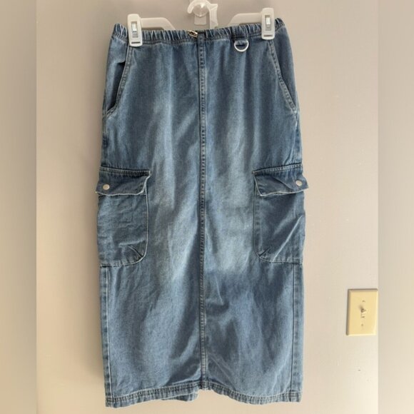 Womens Blue Denim Skirt M Long Straight Cargo Elastic Waist Slit - Picture 1 of 6